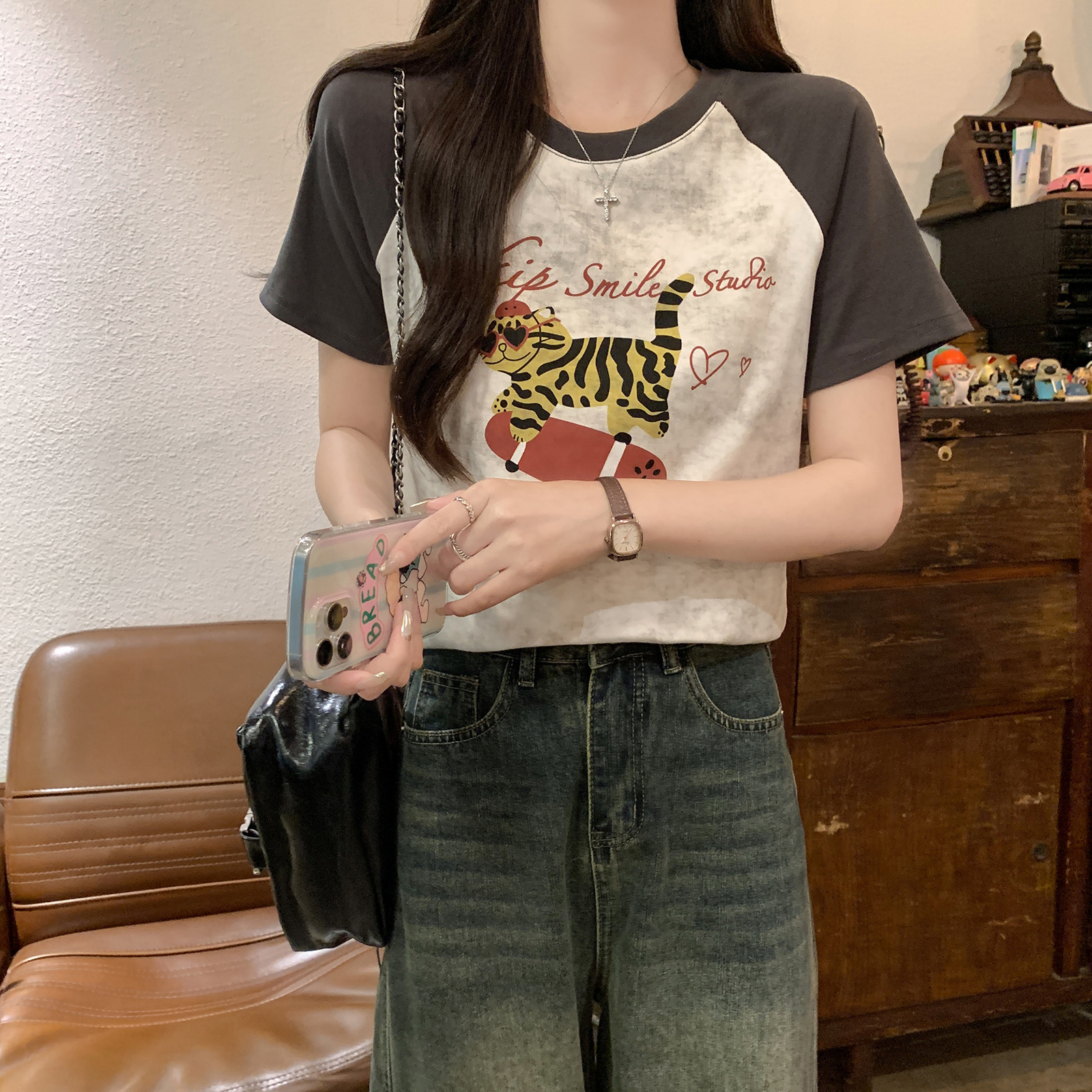 * 1 thread 210g short sleeved T-shirt with summer raglan sleeves, front shoulder slim fit, round neck top, women's clothing