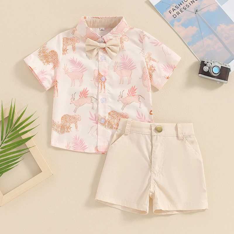Clothing Sets 2024-03-06 Lioraitiin 6M-4Y Summer Baby Kids Boys Shorts Set Short Sleeve Leaves Deer Tiger Print Shirt with Shorts Outfit