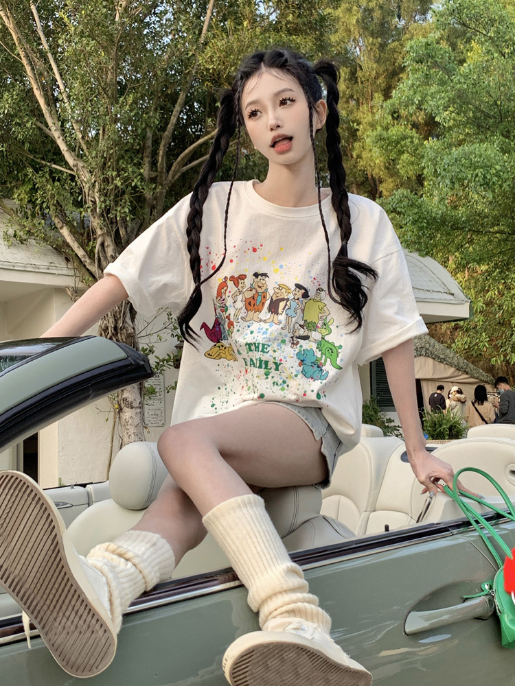 2023 Summer New Cotton Printed Medium to Long Loose Large Short sleeved T-shirt for Women