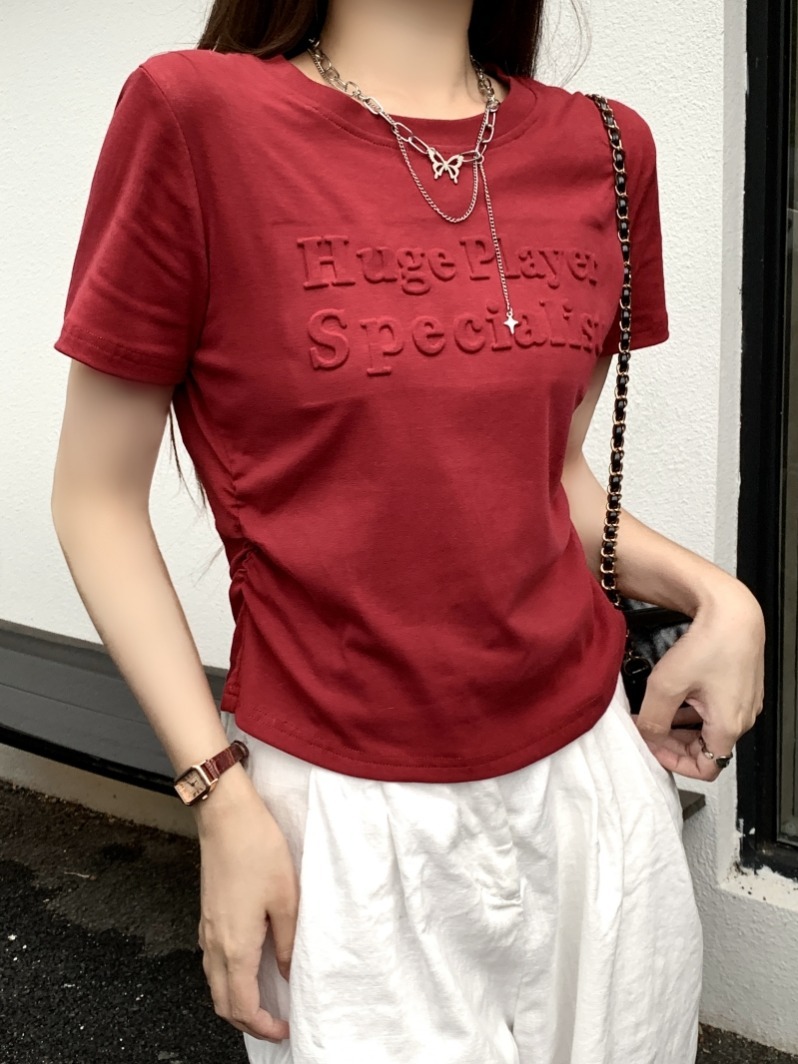 40 count pure cotton 2024 summer clothing foam letter short sleeved T-shirt for women with waist cinching, niche