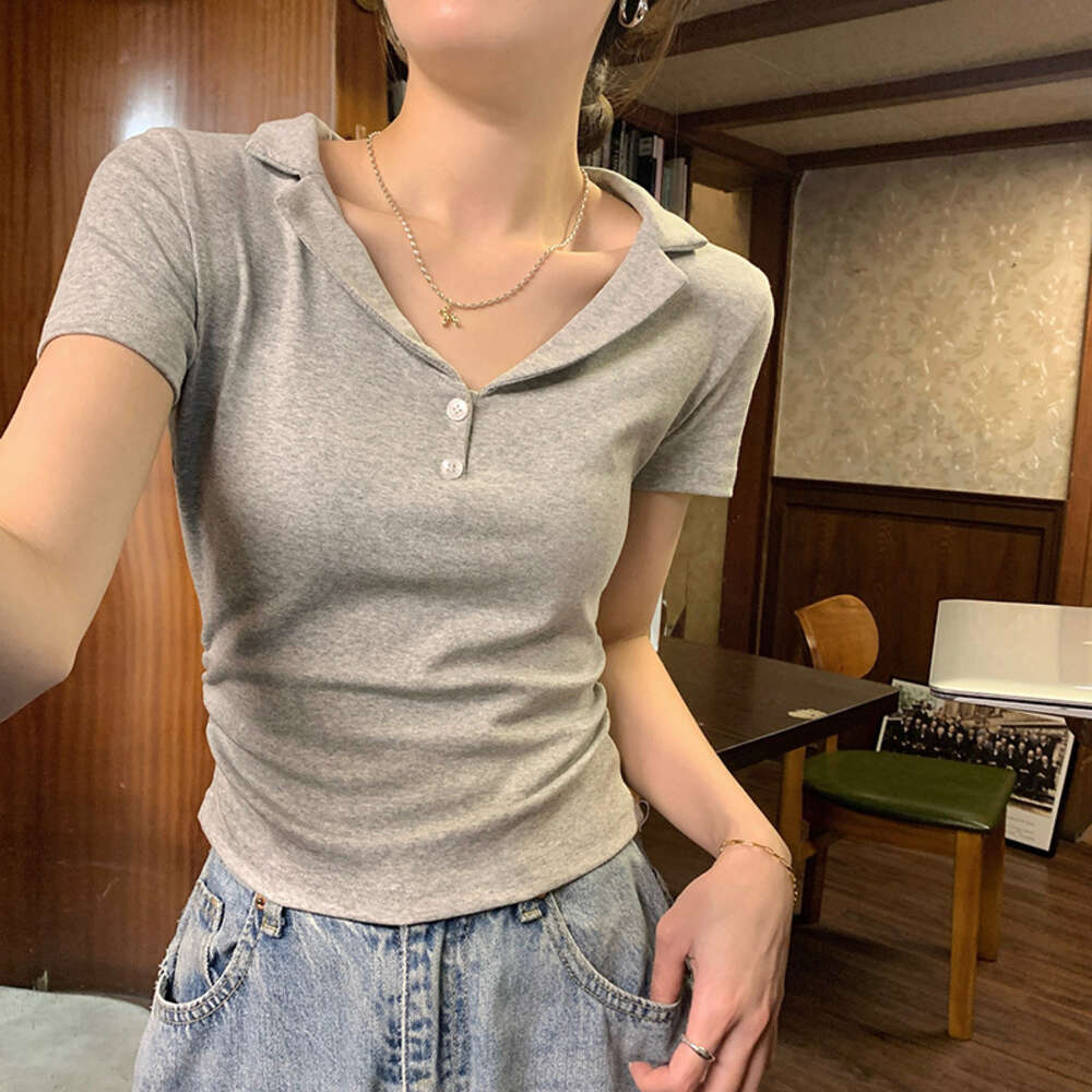 Unique Polo collar slim fit pure cotton sleeved T-shirt for women with waist cinching and drawstring, niche short top
