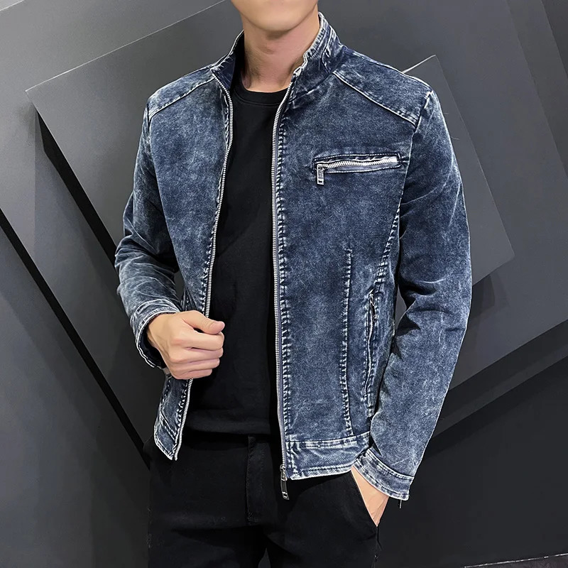 Spring and Autumn Fashion Jean Jackets for Men Stand Collar Zipper Denim Coats Men Retro Simple Slim Casual Denim Jacke 240712