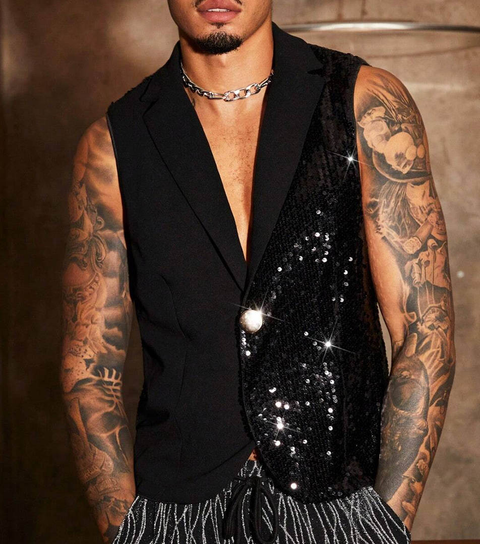Men's Vests Sparkly Formal Suit Vest for Men Handkerchief Cufflinks Wedding Party Formal Groomsman Sequins Tuxedo Waistcoat