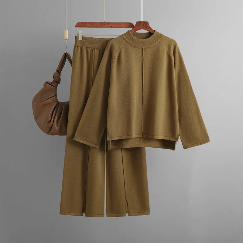 HLBCBG 2 Pieces Set Women Knitted Tracksuit Turtleneck Sweater Loose Slit Pants Pullover CHIC Outwear 240712