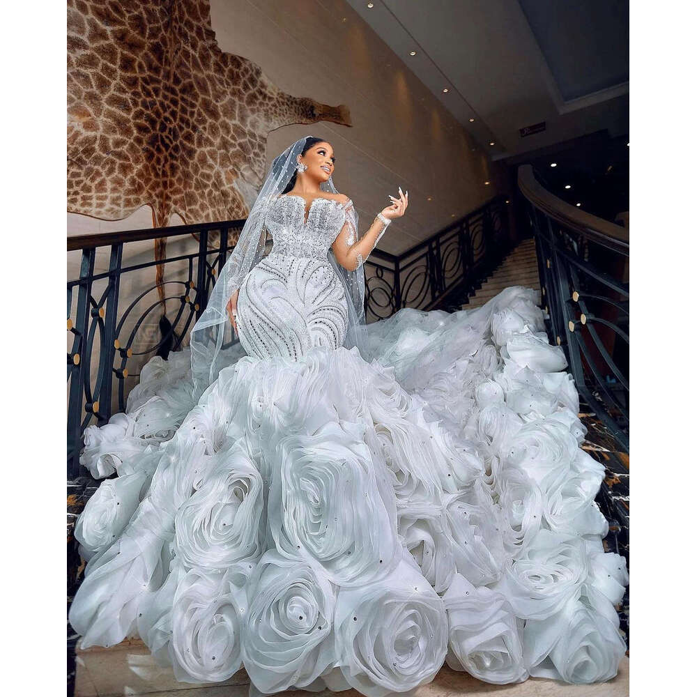 Beaded Bridal Mermaid Dresses ral Ruffles Sparkly Bride special Gowns Detachable Court Train Vestidos De Novia