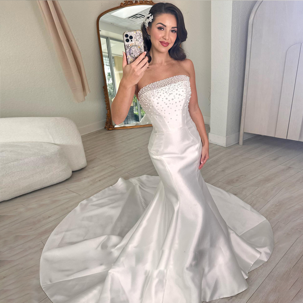 Mermaid Elegant Pearls Wedding Dresses Bridal Gown Strapless Satin Vestidos Novia For Bride Button Back Sweep Train Robe De Mariage