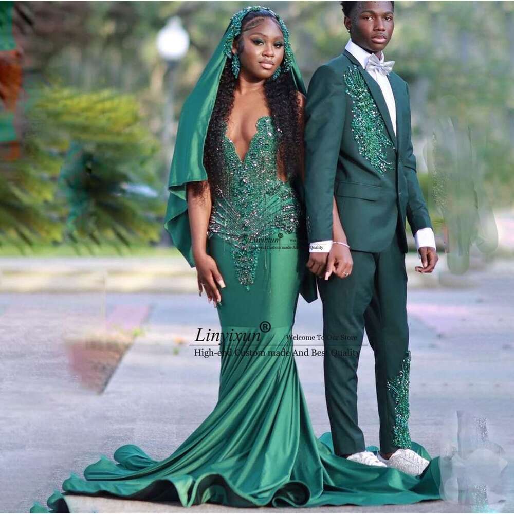 Emerald Green Wers Train Rhie Prom Black Girls Mermaid Tail Dresses Special Dress African Robe De Bal 6660306