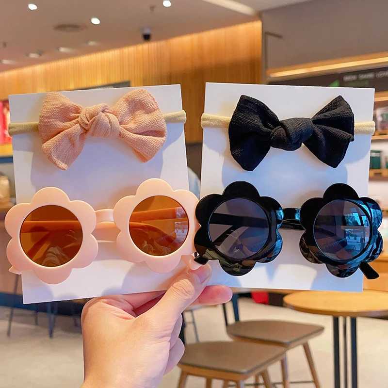 Sunglasses 2 Pcs/Set New Children Fashion Round Flower UV400 Sunglasses Colors Lovely Soft Bowknot Headbands Set Kids Hair Accessories