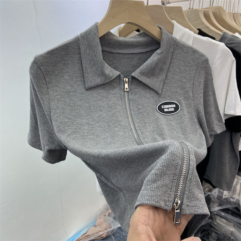 Short double zippered t-shirt for women's summer short Korean version minimalist half sleeved Polo collar top
