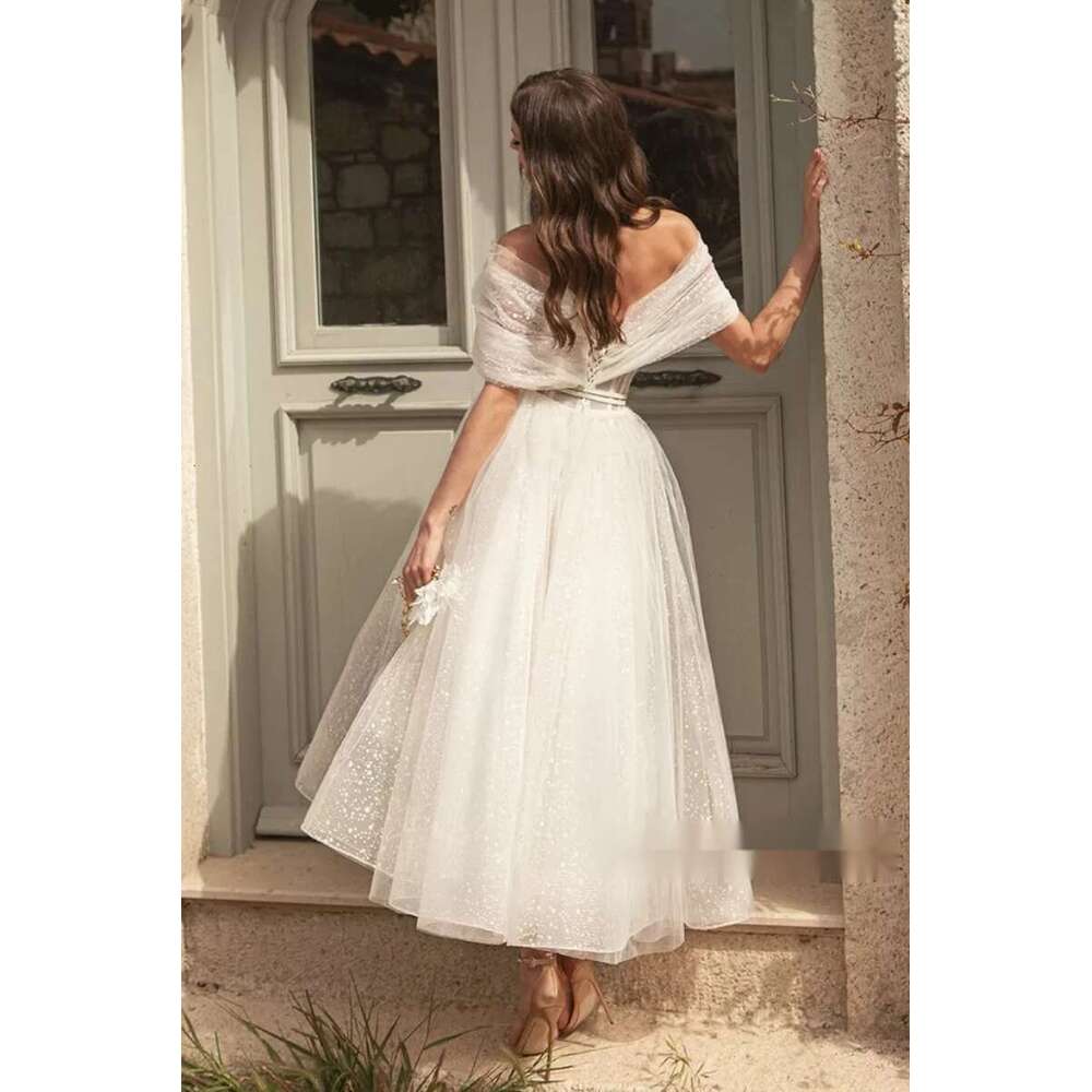 Short Dresses A-e Off the Shoulder Tulle Tea Length Summer Beach Wedding Gown with Belt