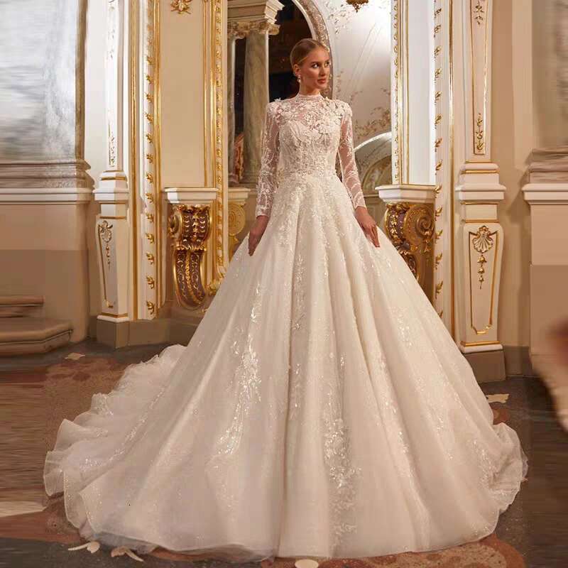 Sleeves Long Lace Wedding Dress A E High Neck Button Muslim Bridal Gown Applique Tulle Custom Made Vestido De Noiva pplique
