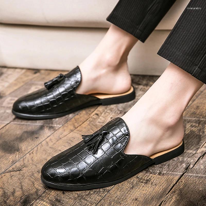 Slippers Mules Black Patent Leather Crocodile Men Half Shoes For Man Fashion Designer Men's atillas Hombre Casual Slip On