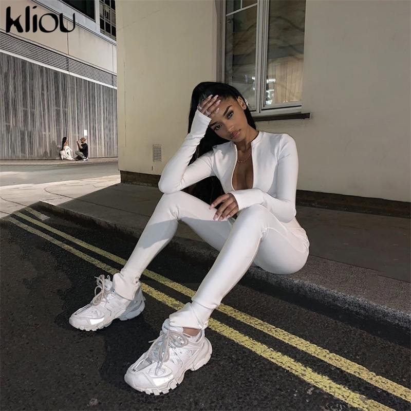 Kliou Solid Black/White Bodycon Jumpsuit Women Sporty Rompers Summer Fitness Long Sleeve Zipper Elastic One Piece 240703