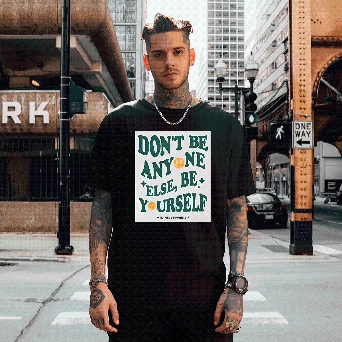 DIY T-Shirts for Men be yourself 230g Cotton Black Oversized Men Clothes T-Shirt Outdoor Crew Neck Cotton Classic Top Tees