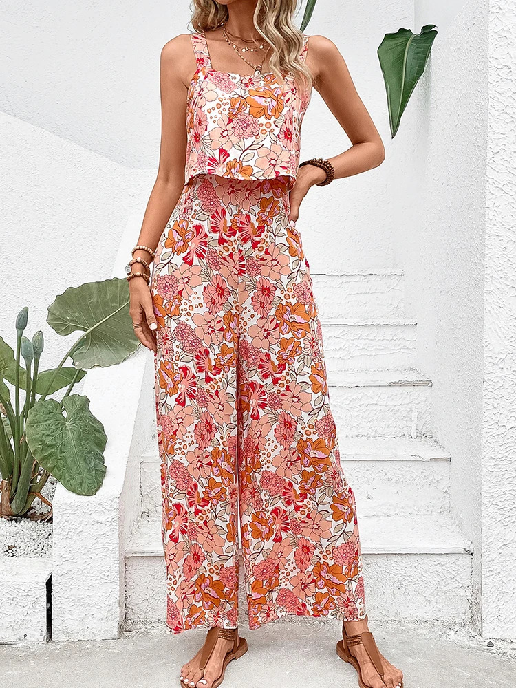 Elegant Long Jumpsuit Women Sexy Backless Wide Leg Jumpsuits Casual Sleeveless Floral Rompers Summer Clothes For Woman 2024 240715