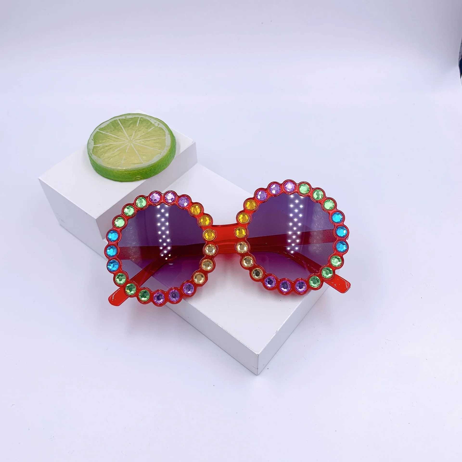 Sunglasses New childrens color diamond round frame sunglasses Fashion frame cartoon personality sunglasses Fashion Sunglasses