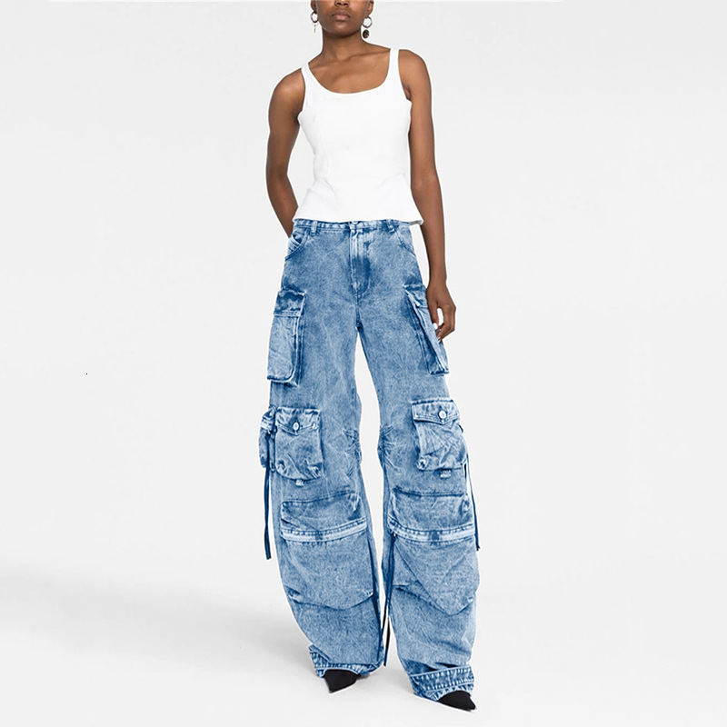 2023 High Waist Baggy Jeans Flap Pocket Loose Denim Streetwear Women's Cargo Pants Y2K