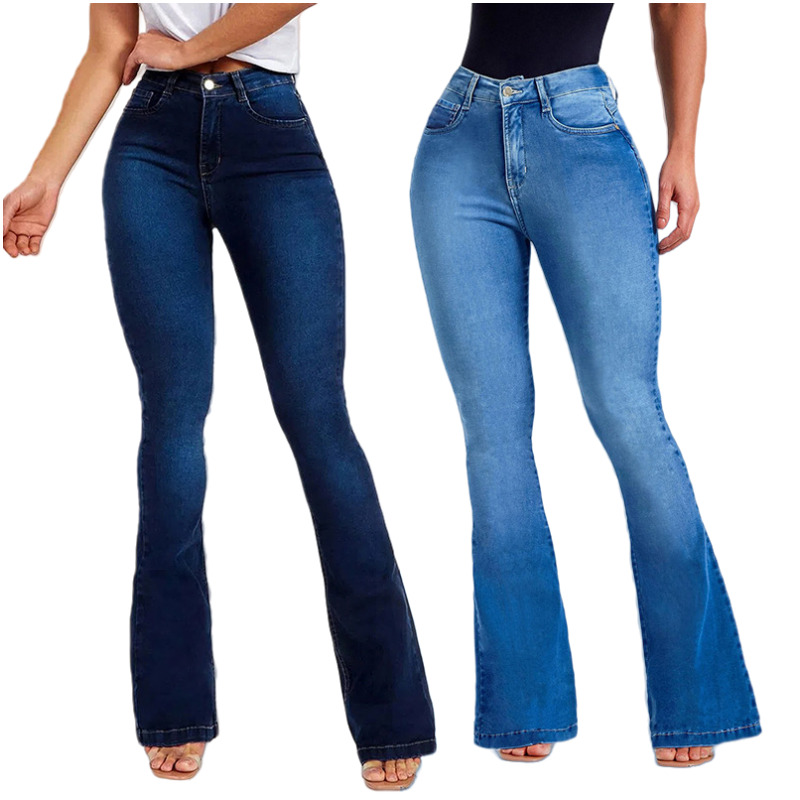 Wholesale New Fashion Plus size Button Denim Casual Pants high waist Flared trousers women's jeans
