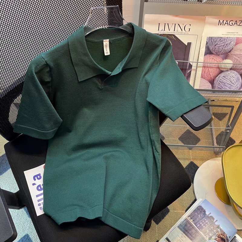 Men's small V-neck black polo shirt British fashion slim fit short sleeved casual knitted T-shirt