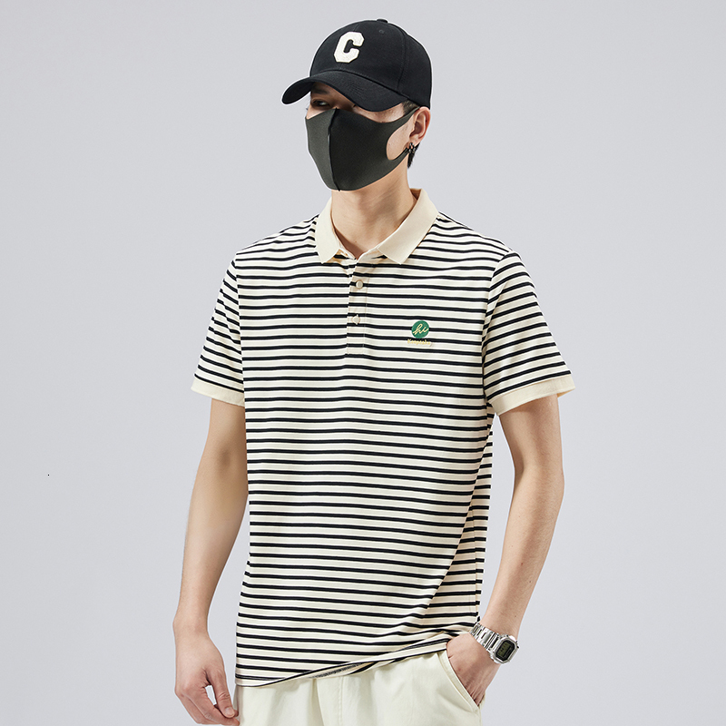 2023 Summer New Striped Shirt Pure Cotton Elastic Polo Collar Short Sleeve T-shirt Fashion Quality Men's Wear