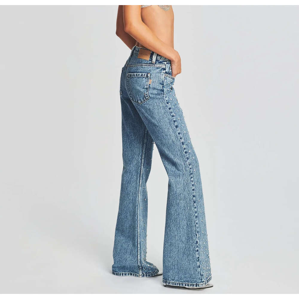 High Quality Women's Denim Skinny Mid Waist acid wash crystal embellishments Jeans For Women
