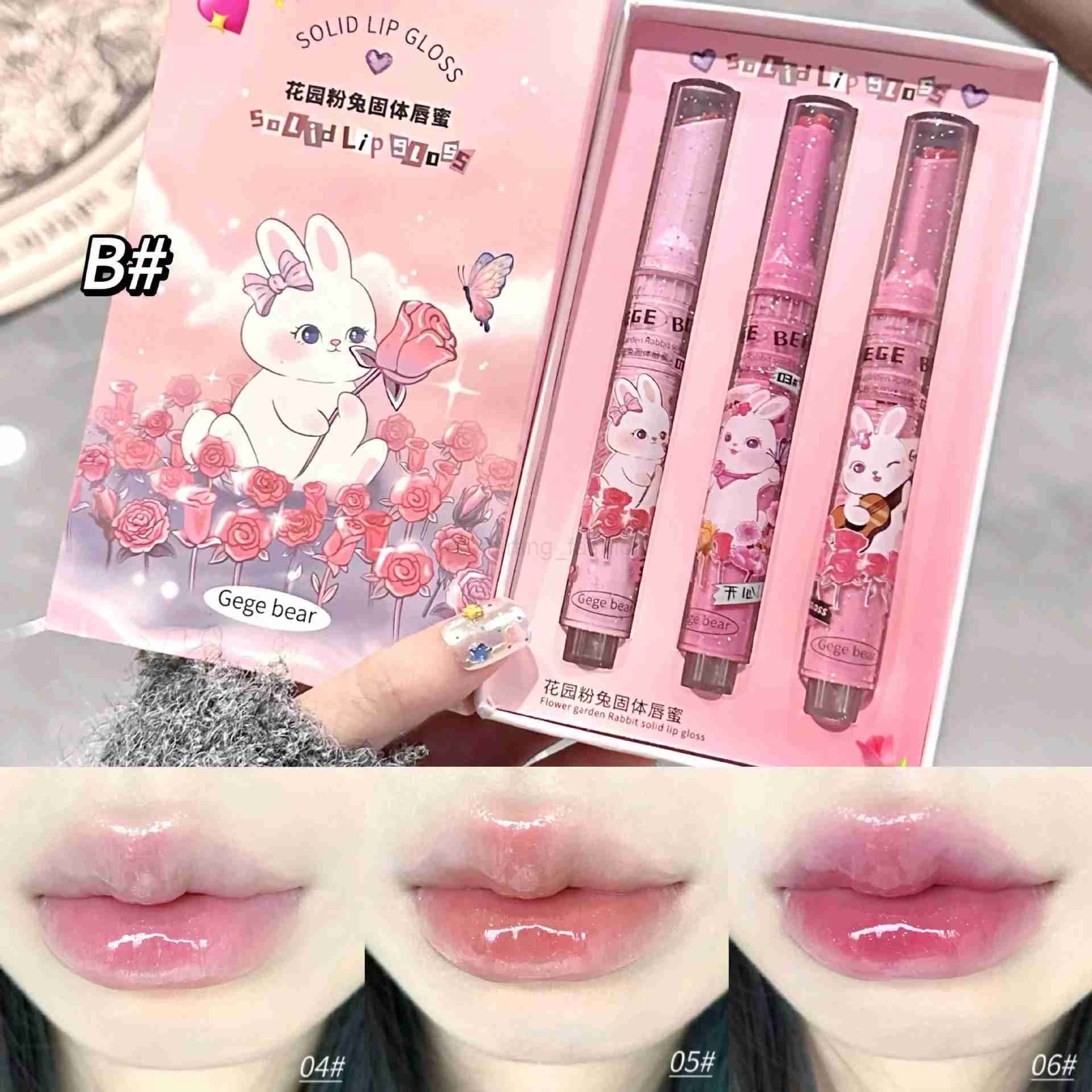 Gege Bear Garden Pink Rabbit Solid Lip Gloss Moisturizing Watery Colored Lip Balm Long-lasting Lipstick SetCL240716