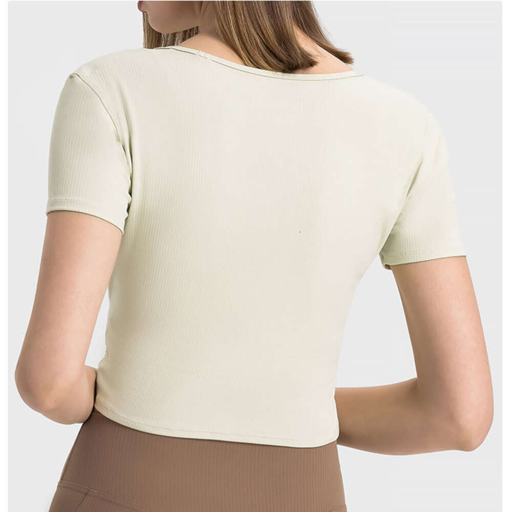 2025--Ribbed Women Fitness Sports Top Yoga Outfits Short Sleeve Gym Clothing Quick Dry Run Train Slim Shirts Casual V-Neck Workout T-Shirts