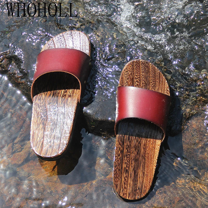 WHOHOLL Geta Man's Summer Slippers Non-slip Beach Slippers Mens Wooden Cool Deodorization Wooden Clogs Outdoor 240708