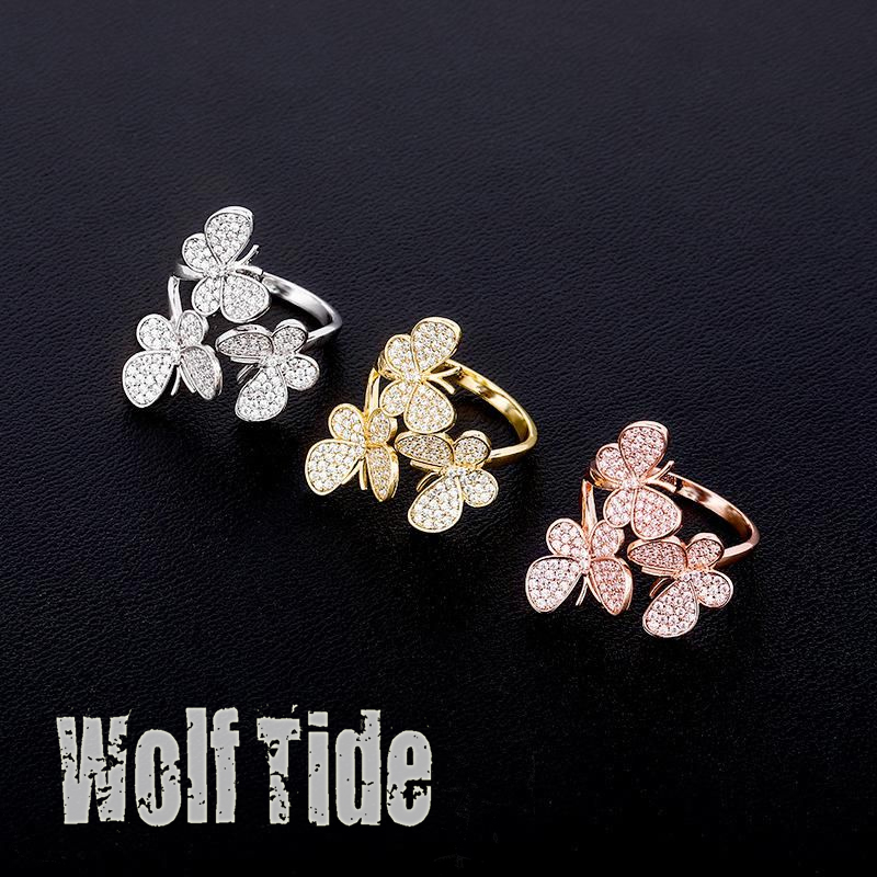 Rose Gold Womens 3 Butterfly Open Cuff Finger Ring Iced Out Diamond Band Rings Bling Cubic Zirconia Wolf Tide Hip Hop Wedding Party Jewelry For Ladies