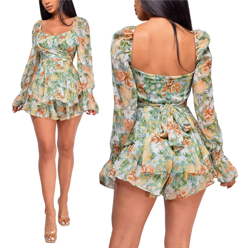 Womens Sexy Square Collar Backless Jumpsuit Fashion Flower Bandage High Waist Long Sleeve Playsuit 240712