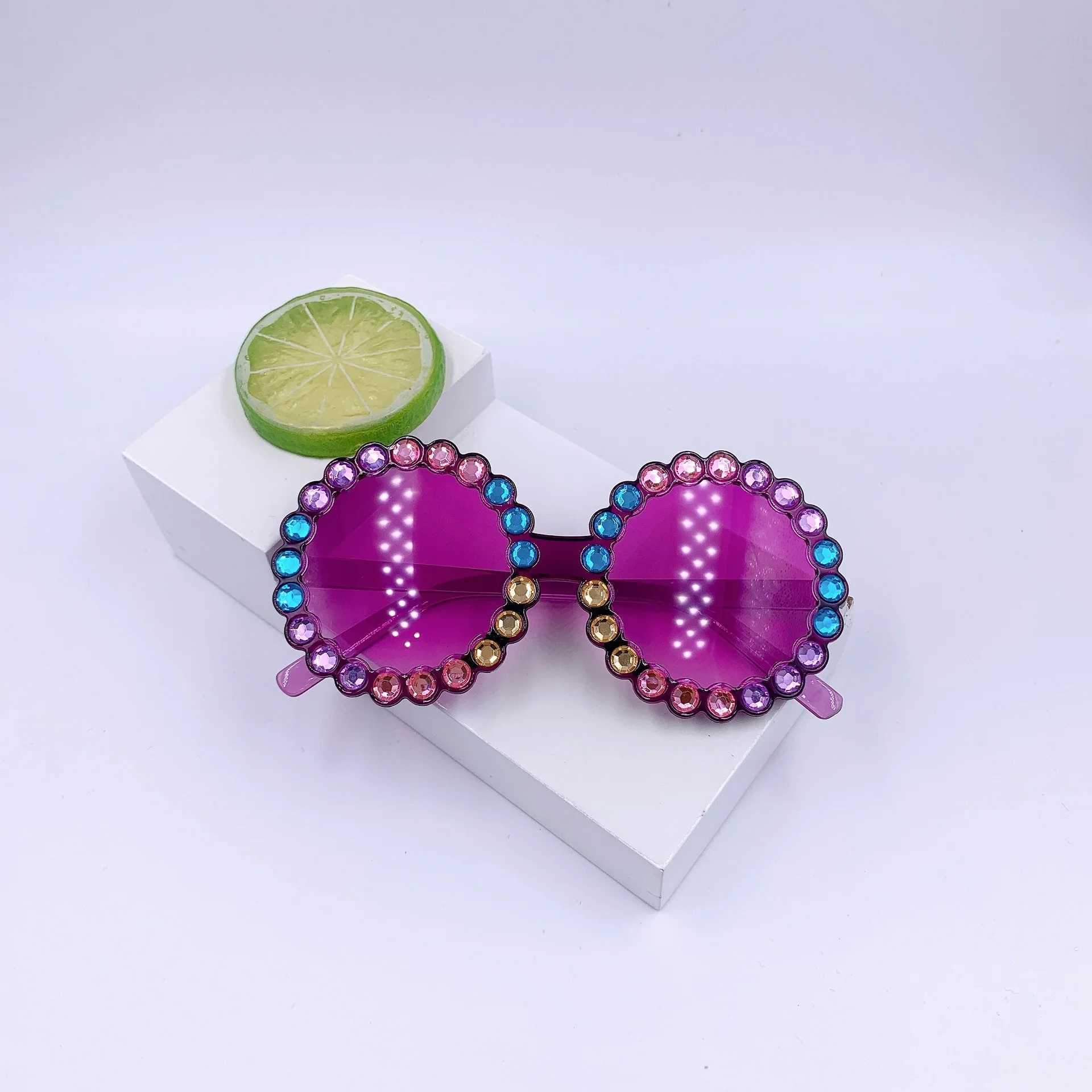 Sunglasses New childrens color diamond round frame sunglasses Fashion frame cartoon personality sunglasses Fashion Sunglasses