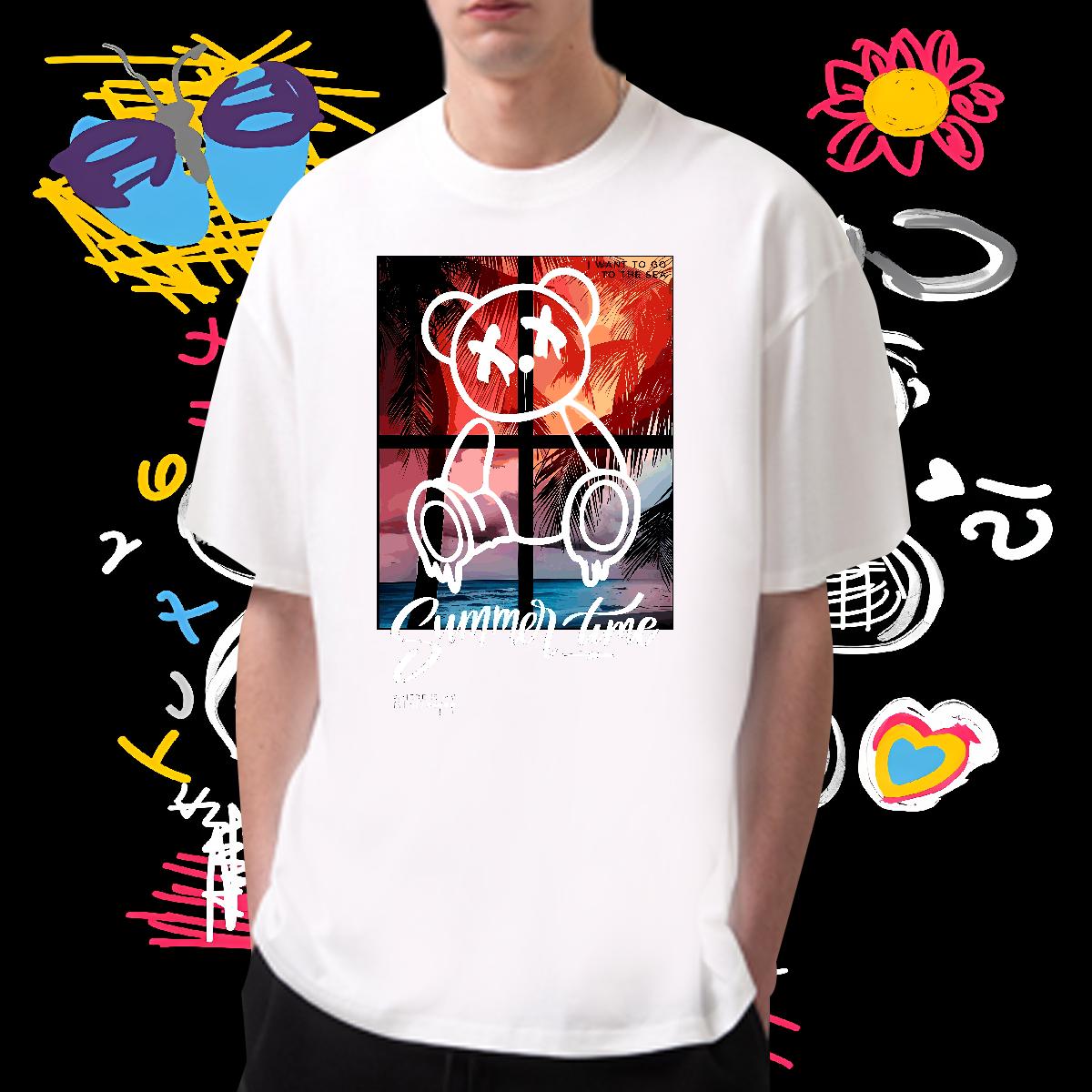 Classic Casual T Shirts Men Graffiti Art 100% Cotton 230g DIY Anime Men Clothes T-Shirt Street Wear Breathable Crew Neck Loose Tees