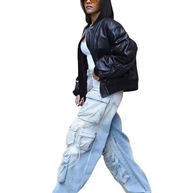 Wholesale Stacked High Quality 6 Pocket Tactical Jeans Cargo Womens Loose P