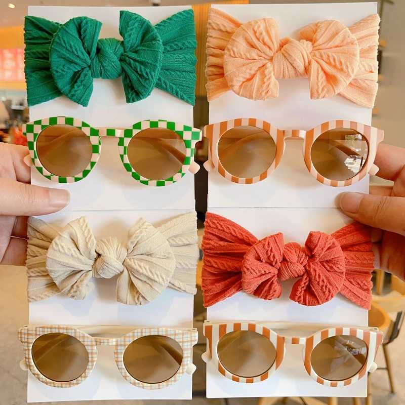 Sunglasses 2Pcs/Set Baby Girls Cute Colors Soft Bowknot Wide Hairbands Children Colorful Checkerboard Sunglasses Set Kids Hair Accessories
