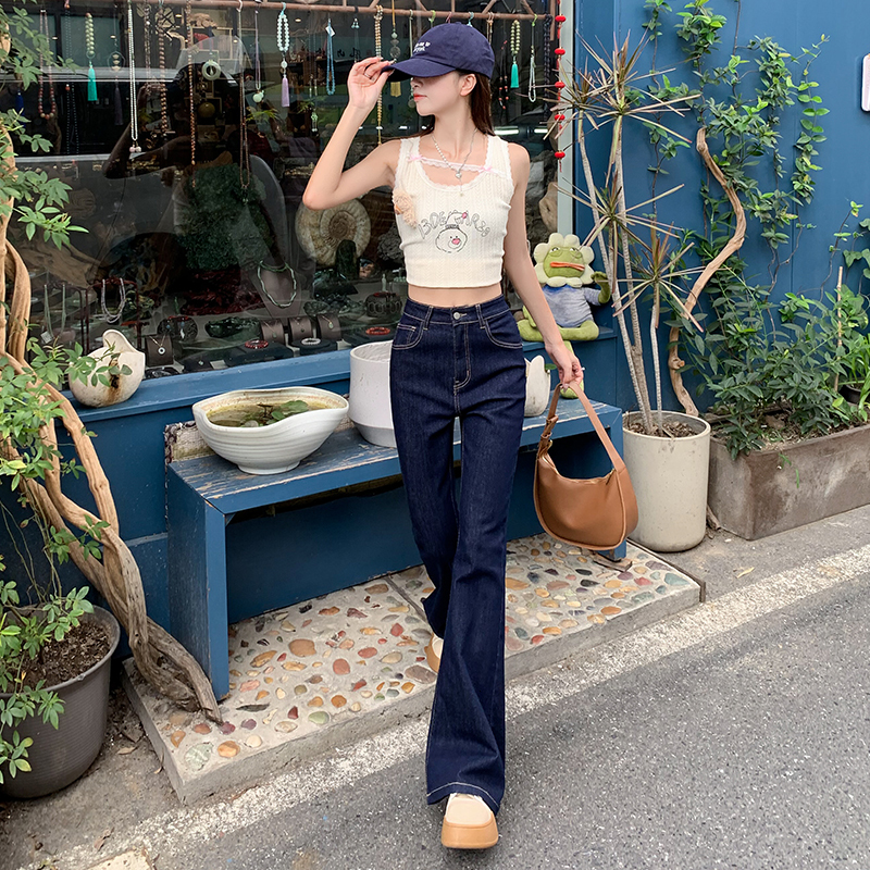 Deep blue light line micro flared jeans for women in spring autumn, slim fit and slimming, long legs, horseshoe pants