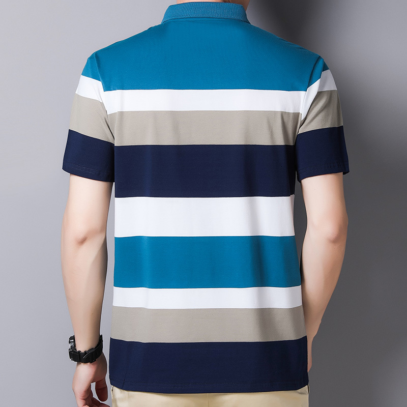 New wrinkle resistant men's flip collar ice silk short sleeved Polo shirt quick drying plus size loose striped business top