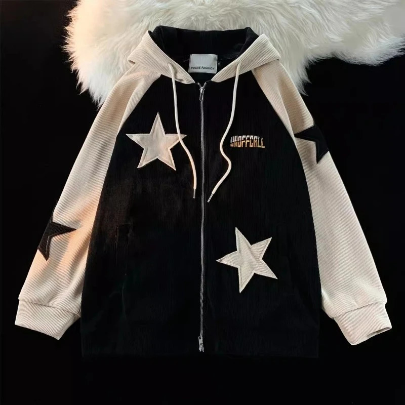 American Star Patch Corduroy Cardigan Coat For Men And Women Y2k Street Retro Leisure Lazy Wind Joker Goth Couple Sweater Hoodie 240708
