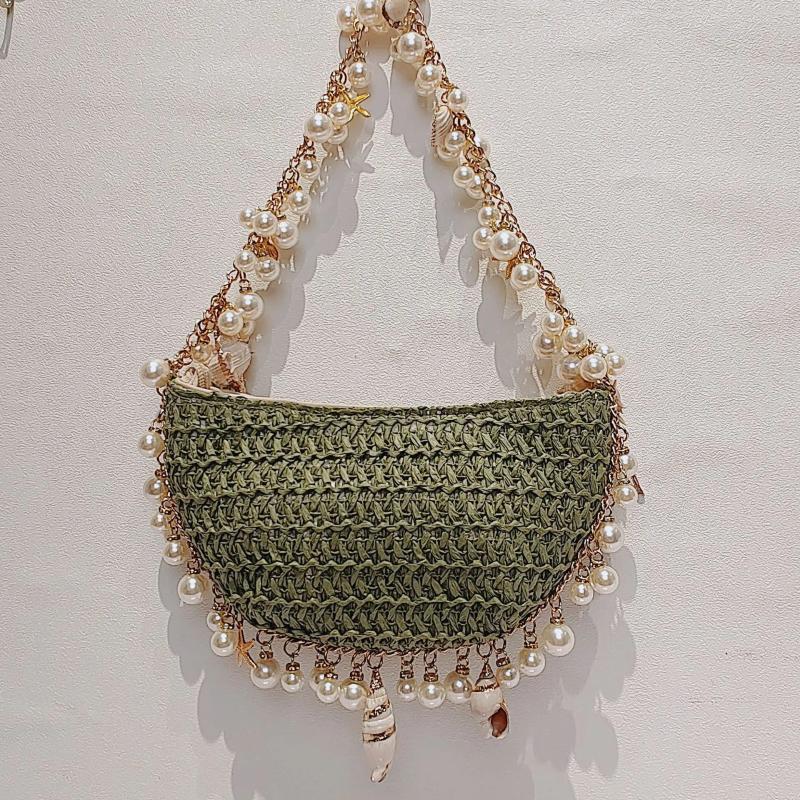 Free Shipping Hobo Summer Versatile Pearl Conch Straw Bag Fashion Shoulder Bags For Women Woven Handbags Beach Seaside Purse