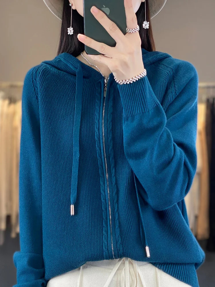 SpringSummer Hooded Cardigan Womens Versatile Knitted Top Loose Sweater Casual Solid Color Double Zipper 240712