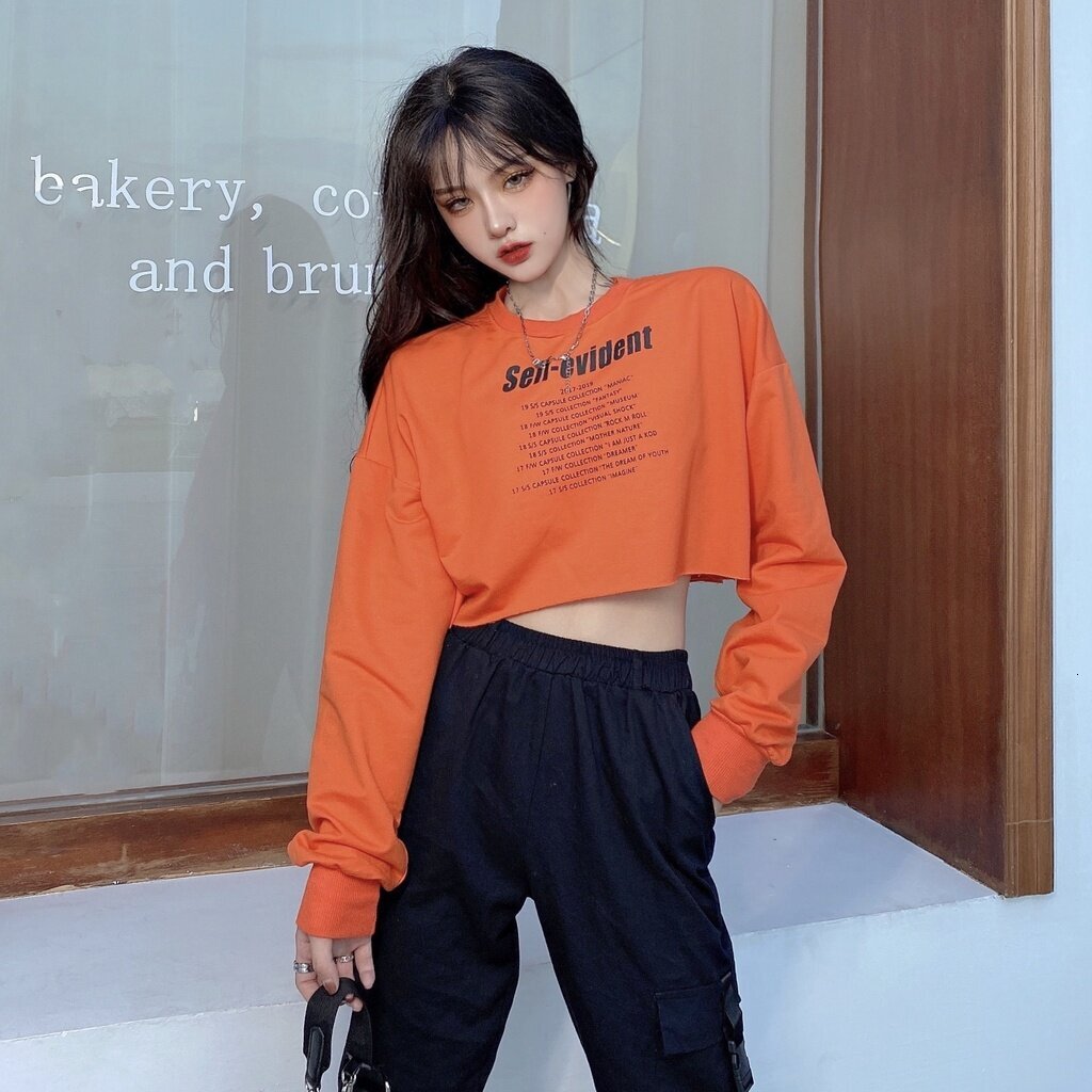 Women's Crop Top High Waisted Jazz Street Hip Hop Tee Fashion Letters Floating Waist Long Sleeve T-shirt Oversized Korean Teenage Clothes