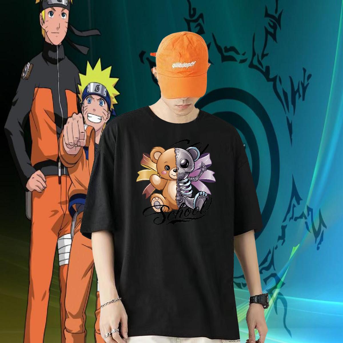 Unisex T Shirts Men bear 230g 100% Cotton Daily Wear Cotton Breathable Short Sleeve Men Tops Tees Fashion Casual Anime Print Polos