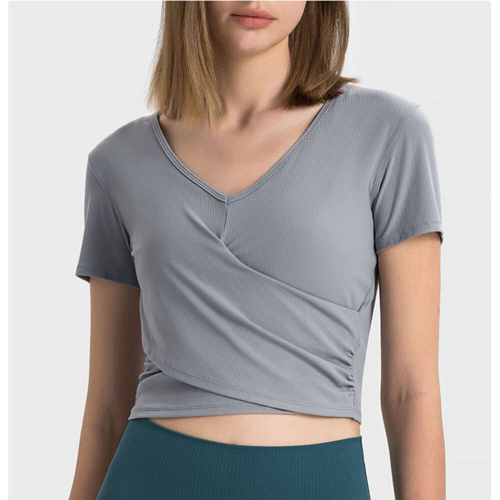 2025--Ribbed Women Fitness Sports Top Yoga Outfits Short Sleeve Gym Clothing Quick Dry Run Train Slim Shirts Casual V-Neck Workout T-Shirts