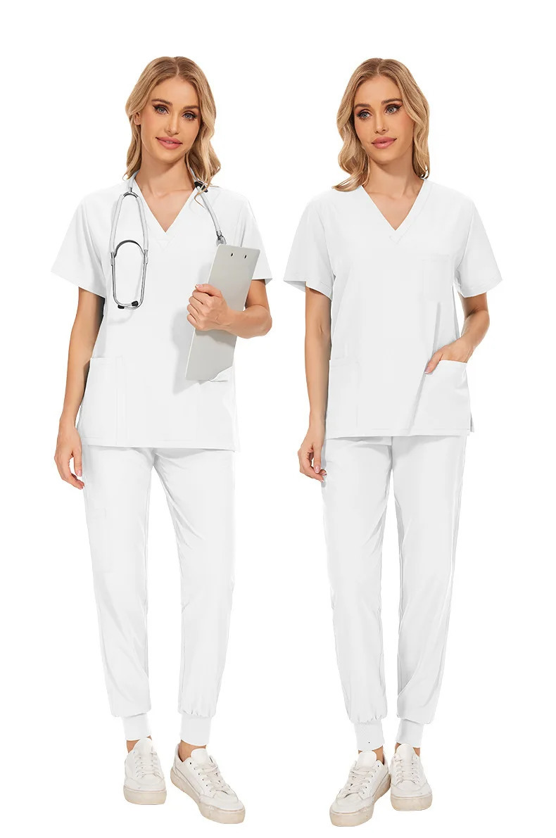 White Color Scrubs Set Women Men Hospital Uniforms Doctors Nurse Accessories Dental Clinic Beauty Salon Workwear Clothes 240715