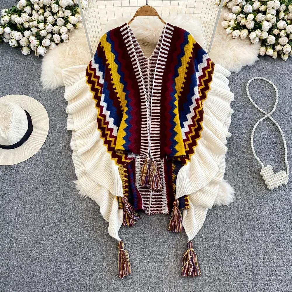 Ethnic Style Knitted Cardigan Women Ruffles Striped Tassel Female Sweaters Ladies Bohemia Holiday Autumn Cardigans Drop 240712