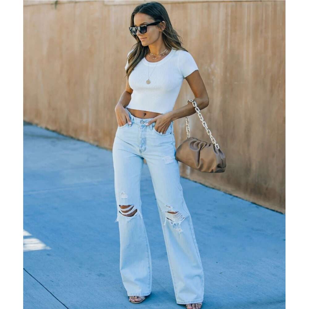 Quites 2023 High Waist Flared Ripped Loose Trousers Solid Color Wide Leg Jeans For Women