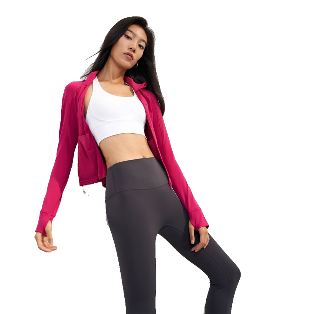 Womens Yoga Jackets Slim Long Sleeve Rose Red Women's Sport Coats Stand Collar Nylon Short Activewear Fit for Running Jogging