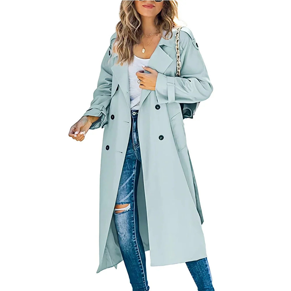 Womens Windbreaker Coat Fashion Long Pocket Lapel Button Windbreaker British Style Over The Knee Long Coat Office Wear 240703