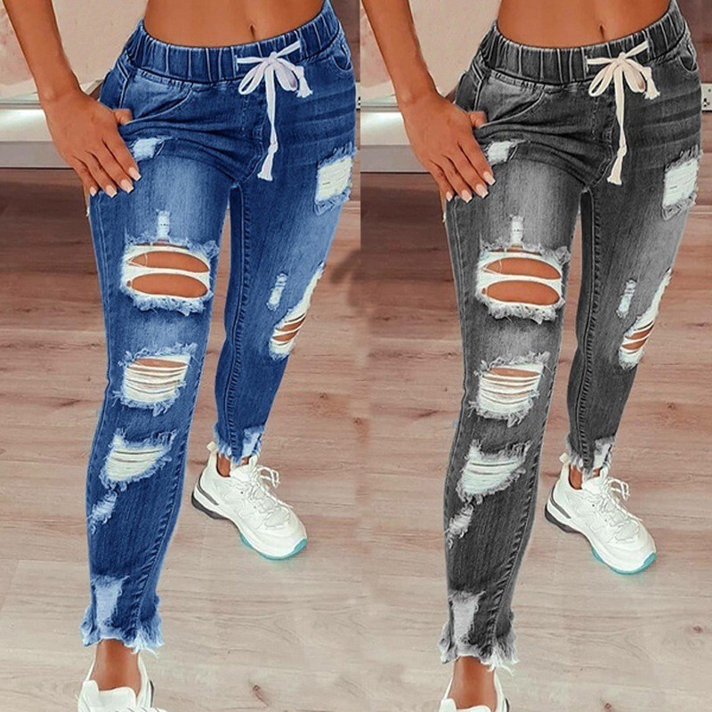 2024 Cross Border European And American Elastic Women's Jeans High Waist Perforated Small Feet Lace Up Pants