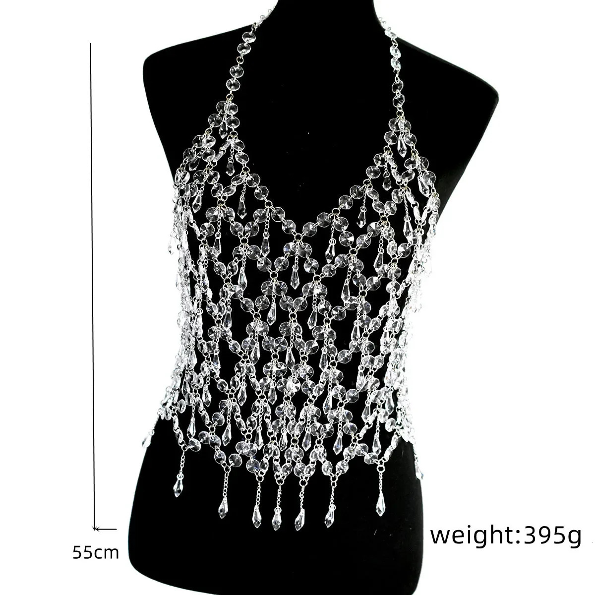 Sexy Tassel Chic Womens Lingerie Body Chain Top Water Drop Fishnet Crystal Shiny Chest Bra Bikini Sling Vest Jewelry 240709