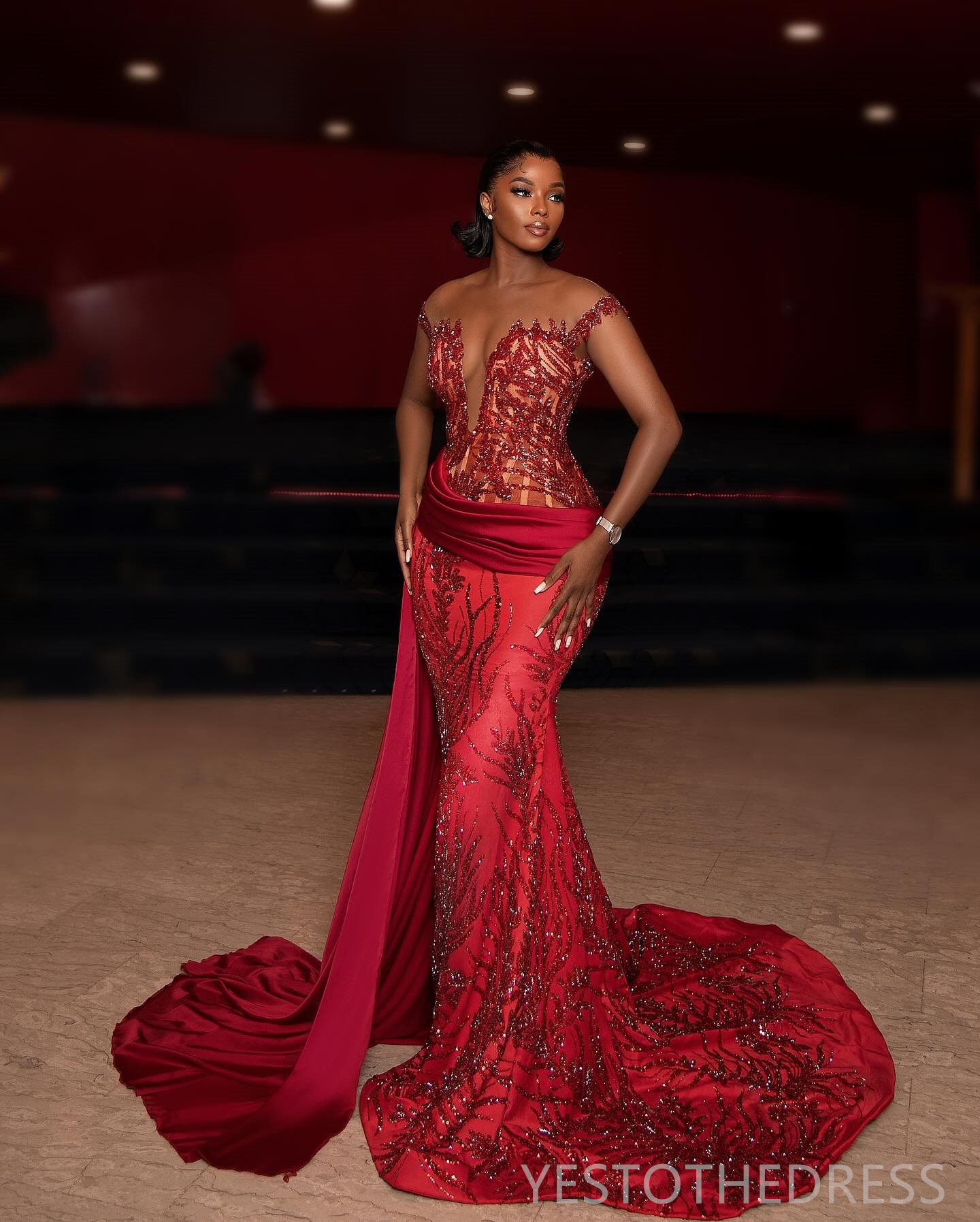 2024 Aso Ebi Red Prom Dresses For Special Occasions Mermaid Promdress Evening Formal Dresses Beaded Lace Illusion Short Sleeves Second Reception Gowns